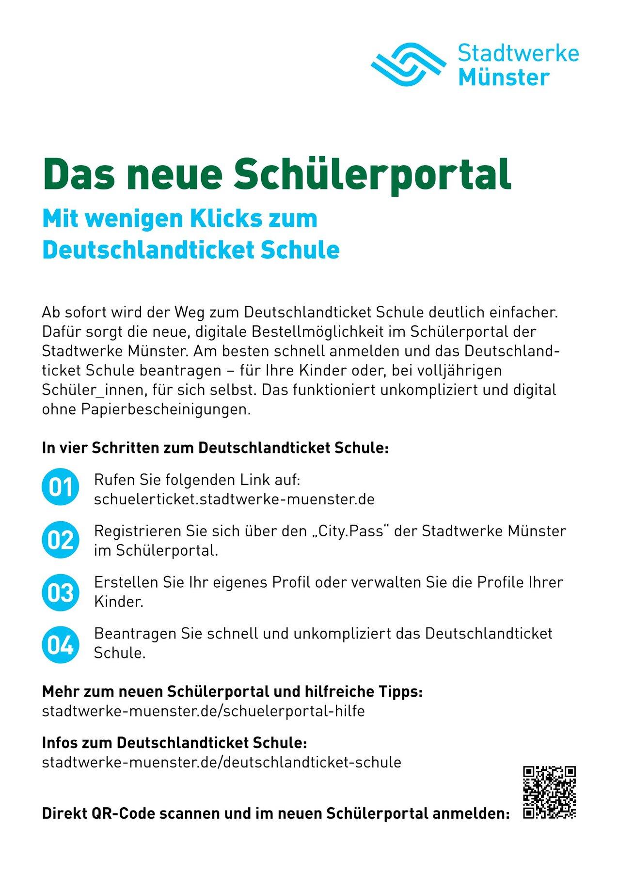 Informationstext zum neuen Sch&uuml;lerportal der Stadtwerke M&uuml;nster f&uuml;r das Deutschlandticket Schule in vier Schritten.