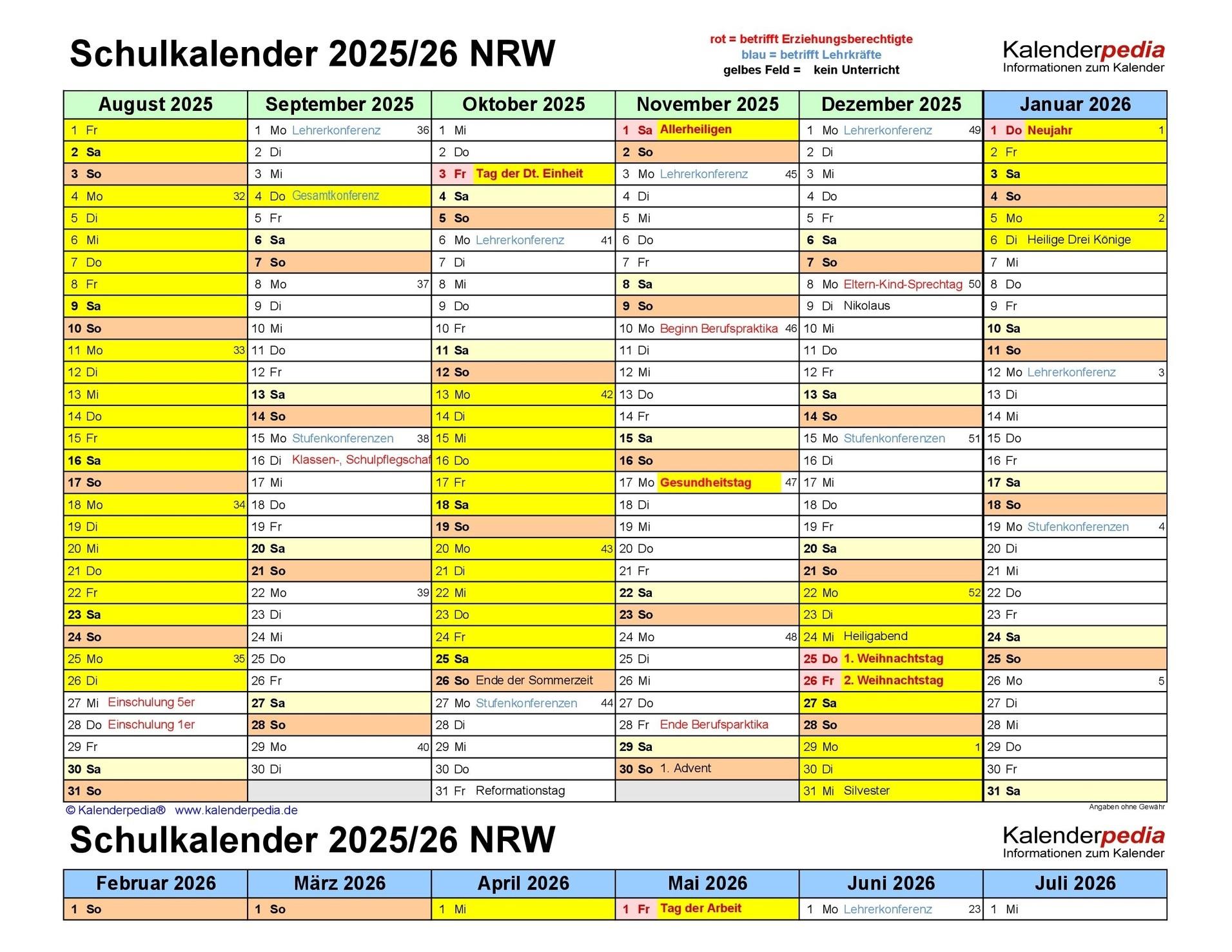 Schulkalender 2025/26 f&uuml;r NRW mit Monaten, Feiertagen und Schulferien in unterschiedlichen Farben.