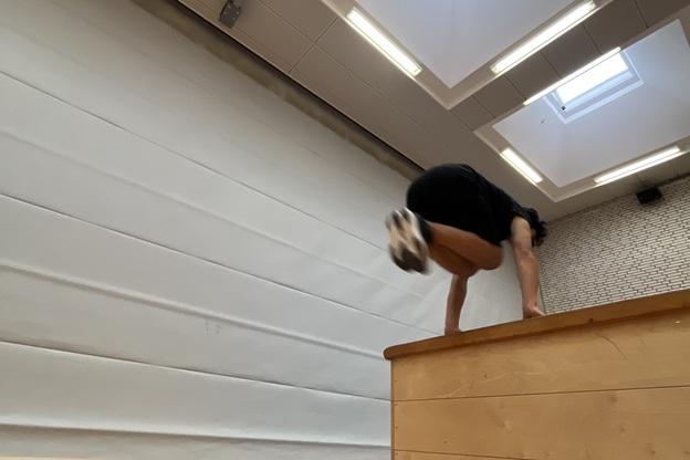 Turner f&uuml;hrt einen Handstand &uuml;ber eine Holzkastenbank in einer Sporthalle mit Oberlichtern durch.