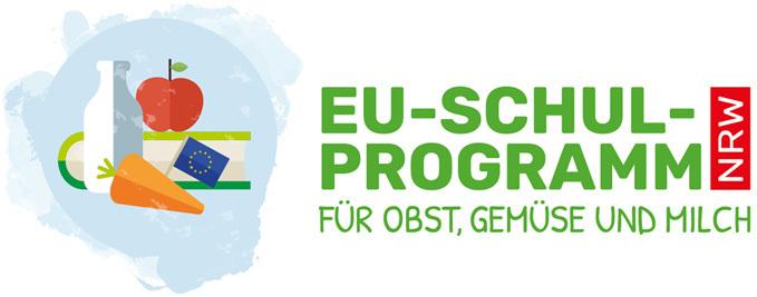 Logo des EU-Schulprogramms NRW mit Milch, Apfel, Karotte und EU-Flagge auf einer farbigen Hintergrundgrafik.