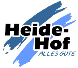 Logo des &bdquo;Heide-Hof&ldquo;, bestehend aus blauen Farbschichten mit dem Text &bdquo;Heide-Hof ALLES GUTE&ldquo;.