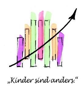 Grafik mit bunten Balkendiagramm und aufsteigender Kurve, darunter der Schriftzug „Kinder sind anders.“