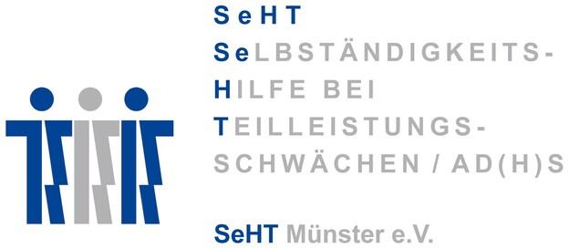 Logo der SeHT Münster e.V. mit stilisierten Figuren und Text über Selbstständigkeitshilfe bei Teilleistungs schwächen.