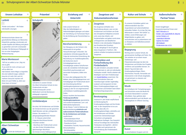 Informationen zur Albert-Schweitzer-Schule M&uuml;nster auf einer farbigen Webseite mit Bildern, Texten und Links.