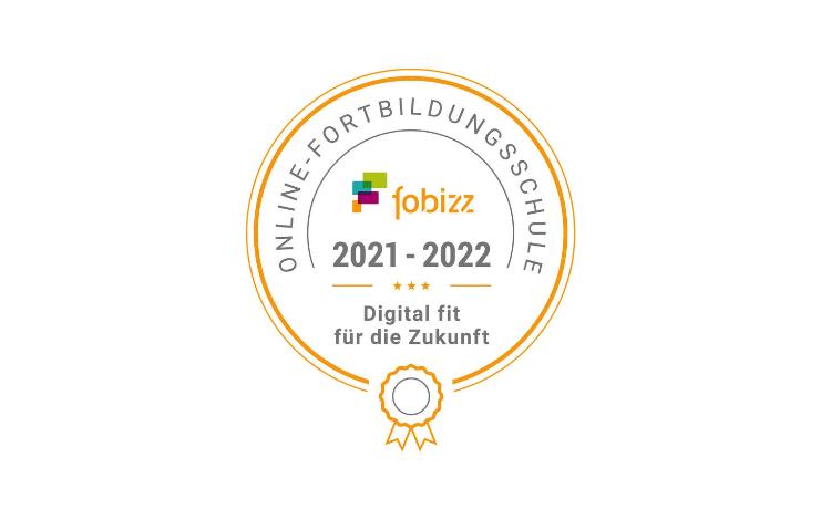 Zertifikat der Online-Fortbildung fobizz 2021-2022, digital fit f&uuml;r die Zukunft, mit goldener Umrandung.